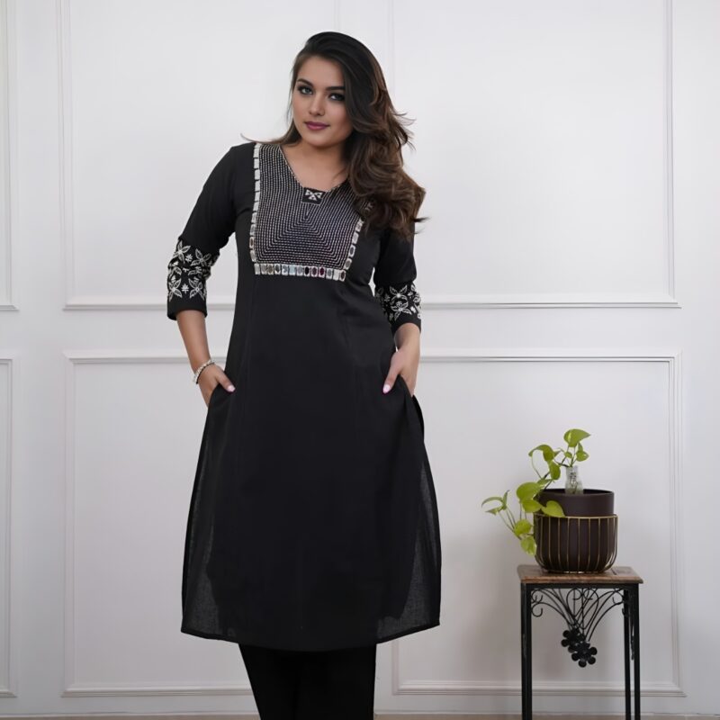 Black Cotton Embroidery Kurta Set