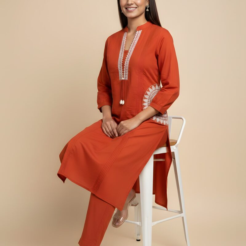 Orange Color Embroidered Cord Set Online