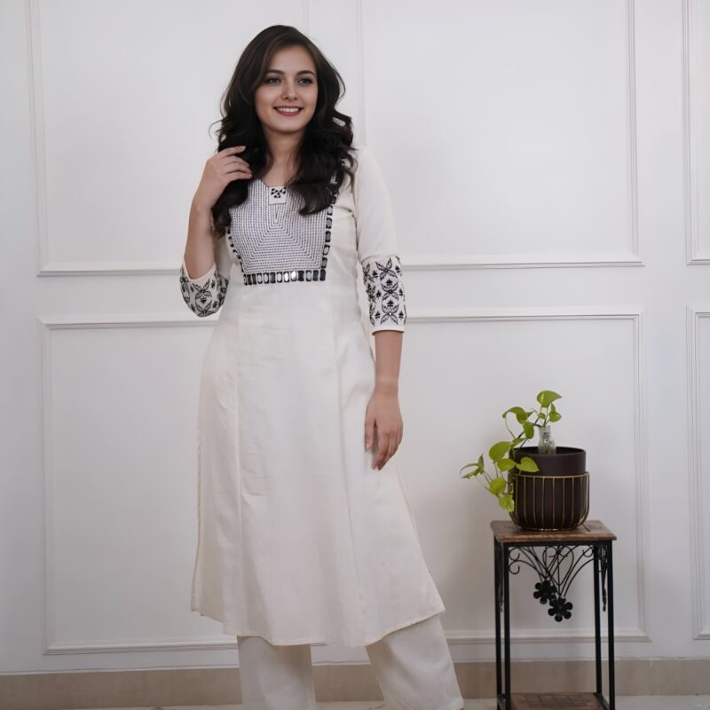White Cotton Embroidery Kurta Set