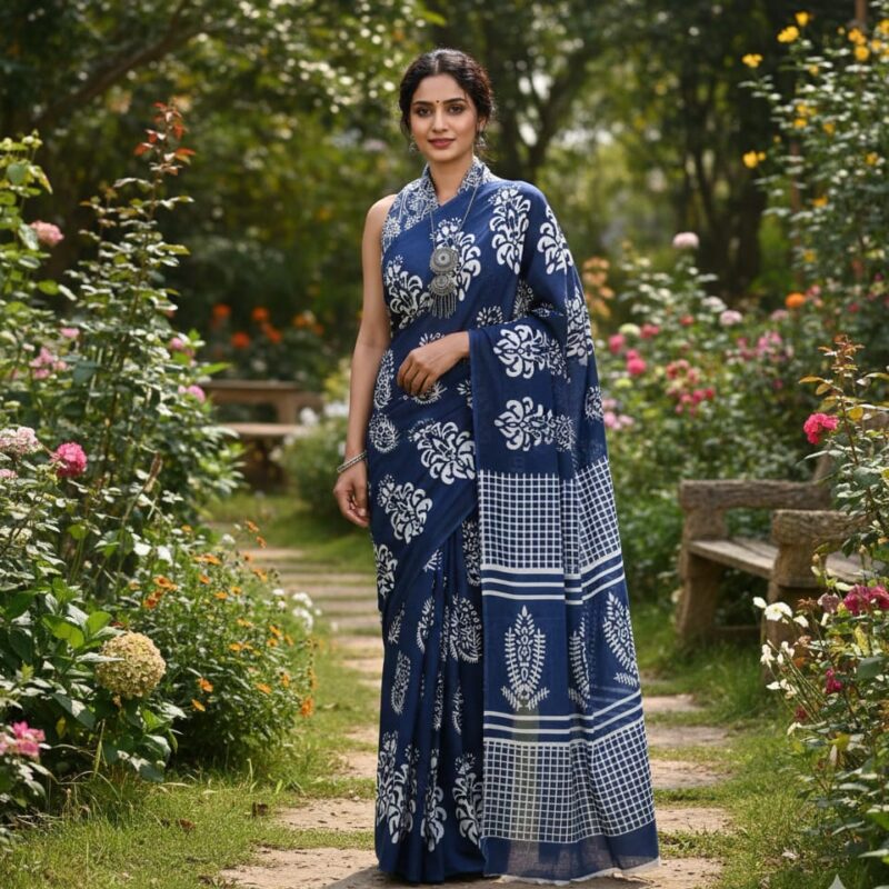 Blue Handblock Printed Mulmul Cotton Saree