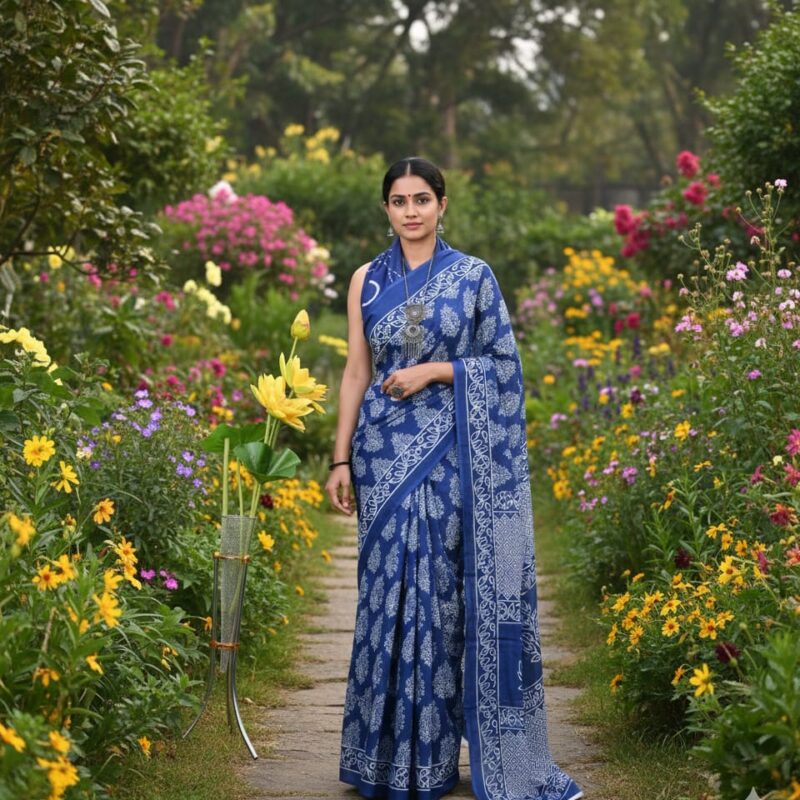 Blue Mulmul Block Printed Sarees