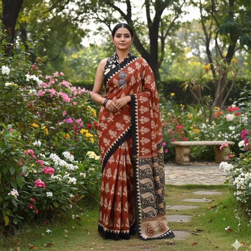 Brown Block Printed Mulmul Cotton Saree