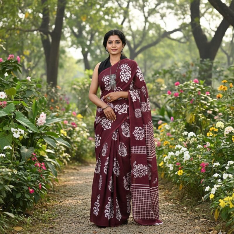 Brown Block Printed pure mulmul cotton saree