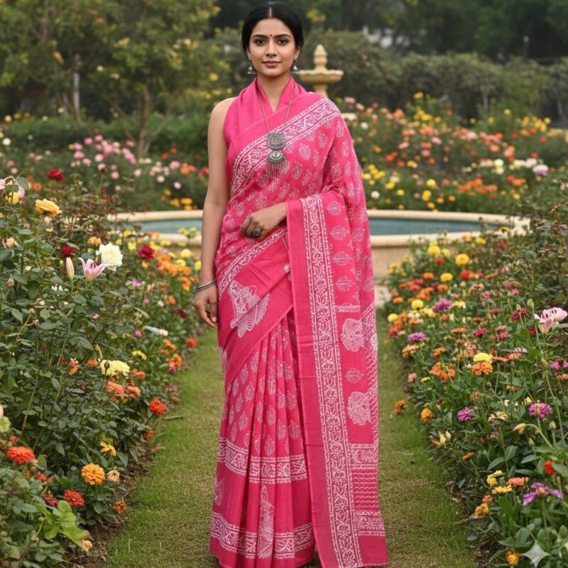 Pink mulmul block printed cotton sarees