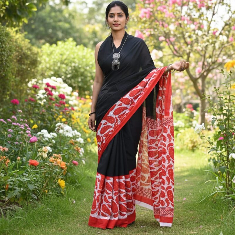 Plane Black Printed Mulmul Cotton Saree