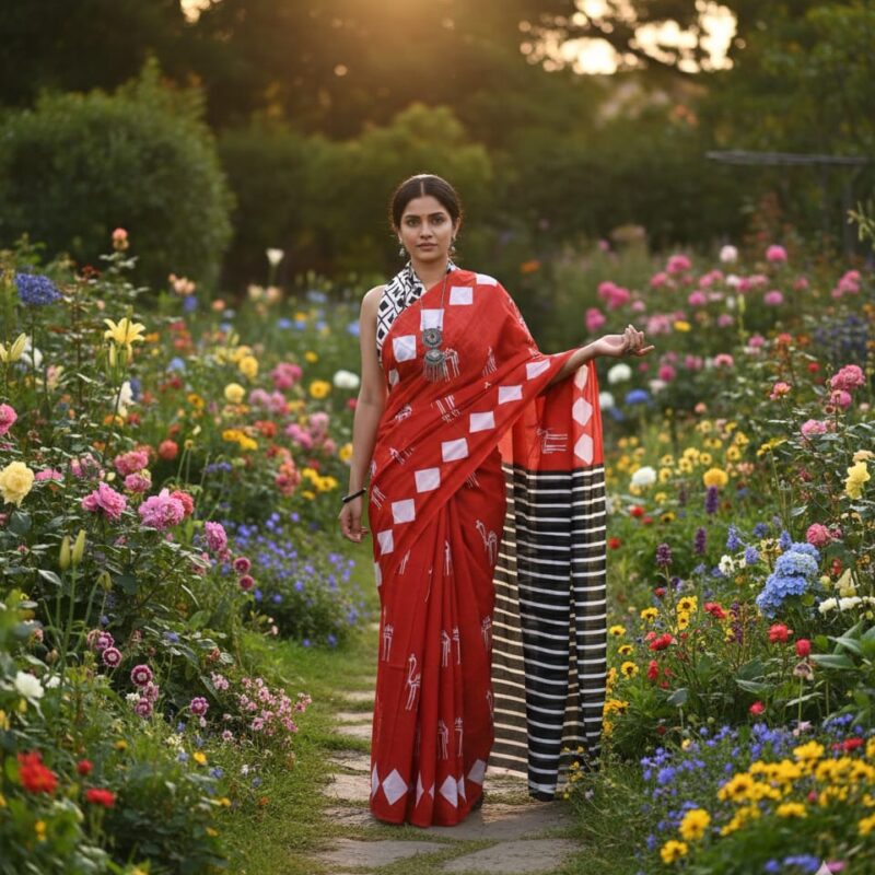 Red mulmul block printed cotton sarees