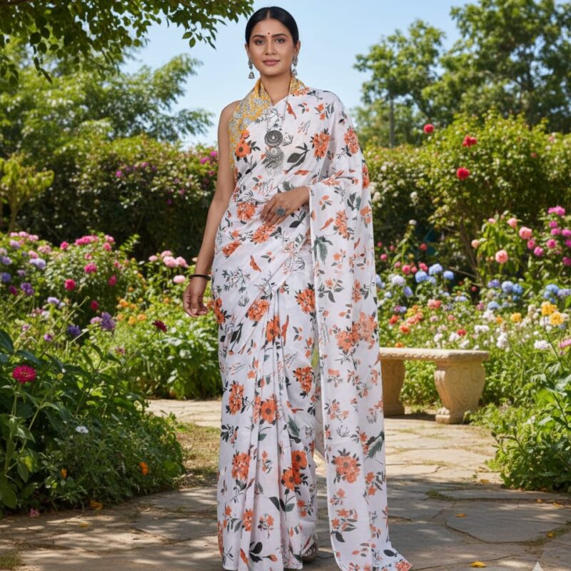 White Block Printed pure mulmul cotton saree