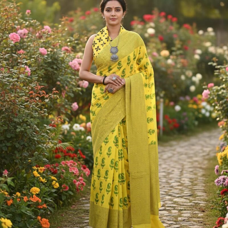 Yellow mulmul cotton saree
