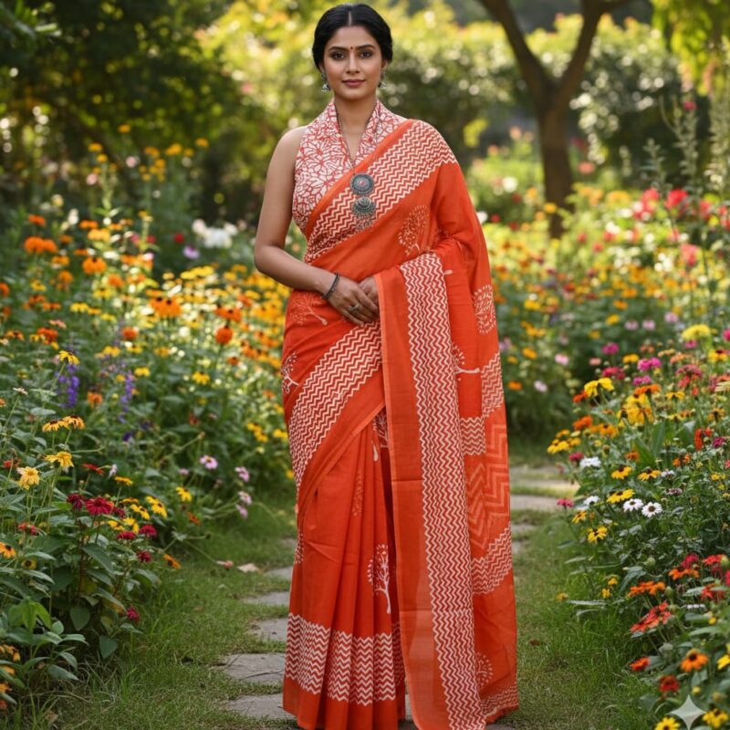 Safron Block Printed MulMul Cotton Sarees